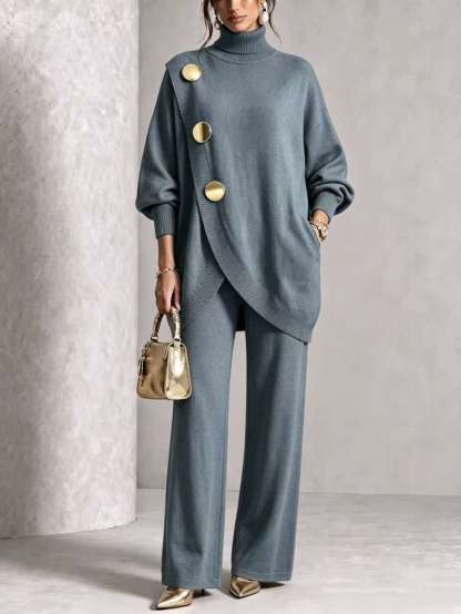 🤲LAST DAY SAVE 60% ⏰Elegant Burgundy Knit Asymmetrical Button Set