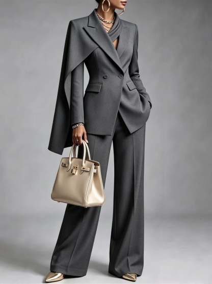 🤲LAST DAY SAVE 49% ⏰Women’s Chic 2-Piece Suit Set – Asymmetric Cape Blazer & Wide-Leg Pants