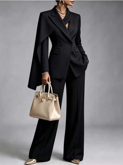 🤲LAST DAY SAVE 49% ⏰Women’s Chic 2-Piece Suit Set – Asymmetric Cape Blazer & Wide-Leg Pants