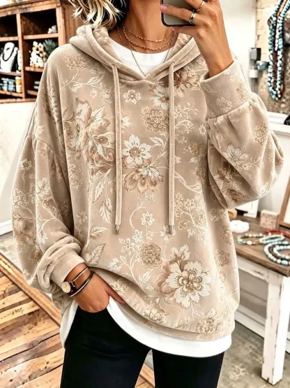 Vintage Floral Velour Drawstring Hoodie