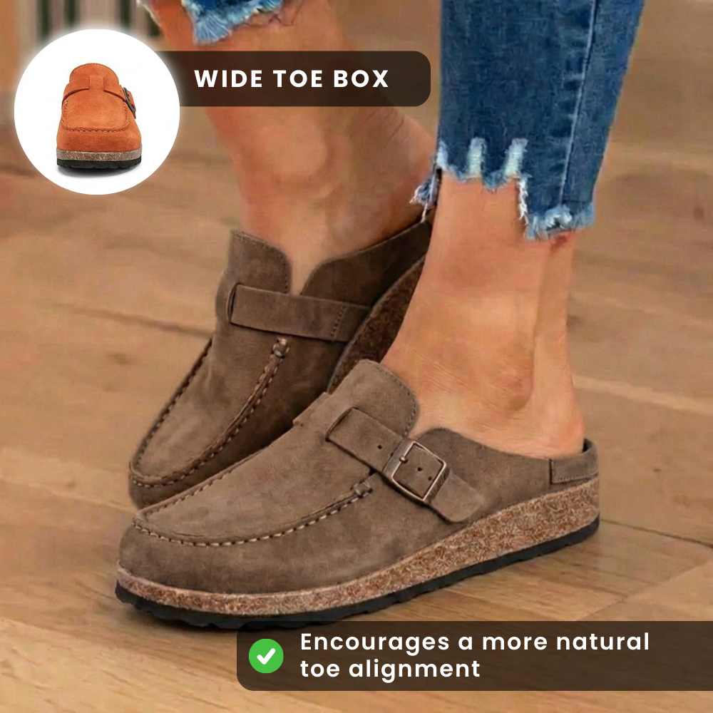 Orthopedic Suede Buckle Mules - Contrast Stitch Detail