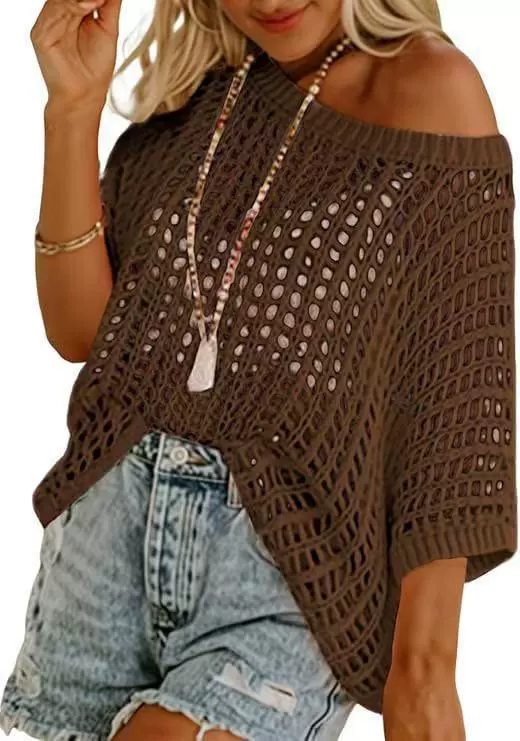 Short Sleeve Crochet Sweater Lightweight Summer Tops Loose Hollow Out Crewneck Pullover