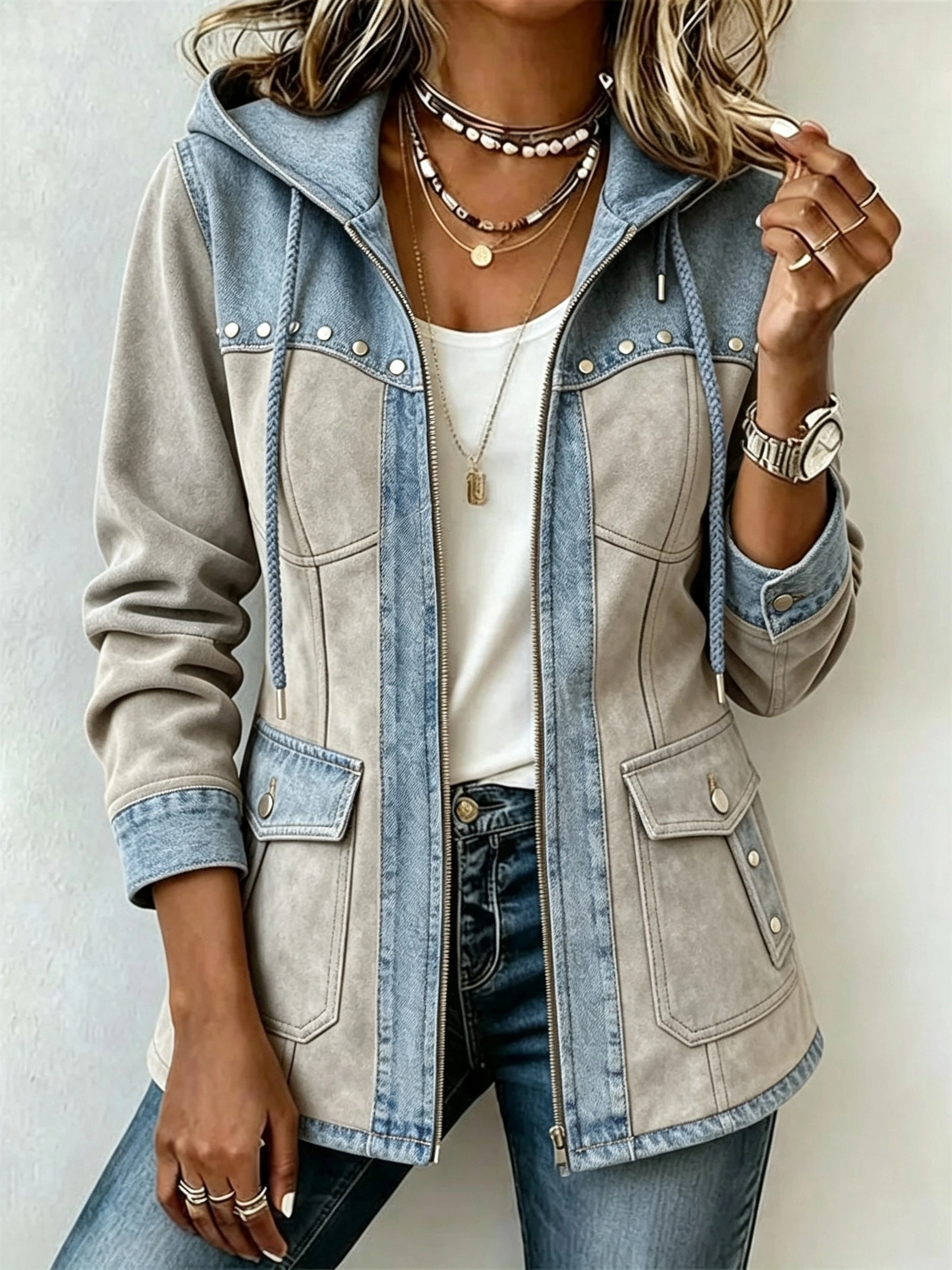 Chic Denim Patchwork Suede Hooded Jacket