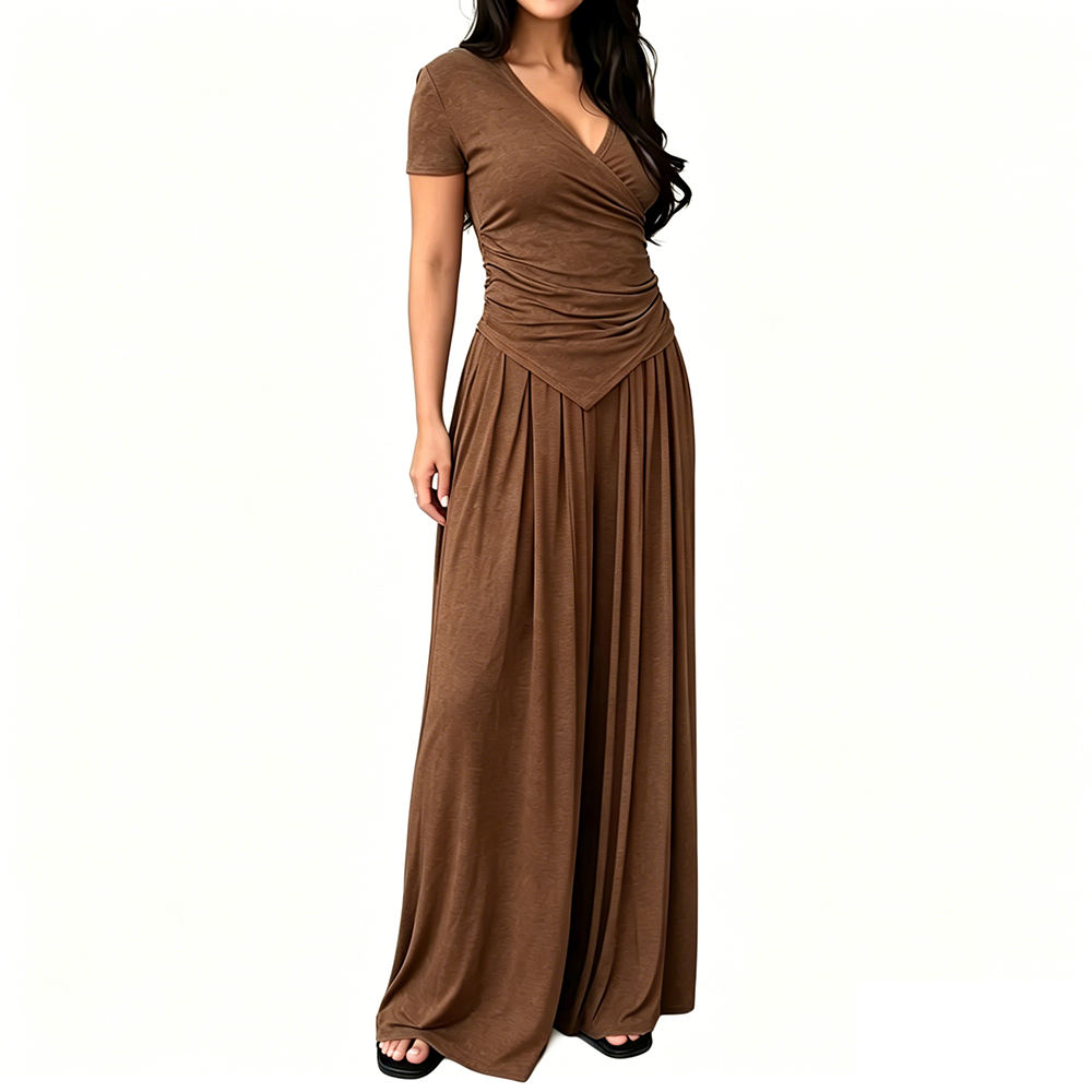 V Neck Wrap Top & High Waist Wide Leg Pants Set