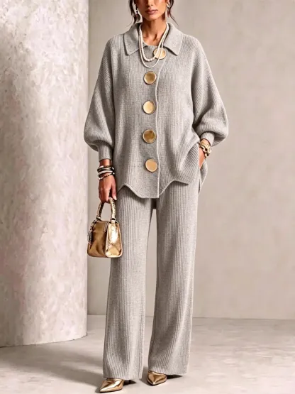 Elegant Knit Cardigan Wide‑Leg Pant Two‑Piece Outfit