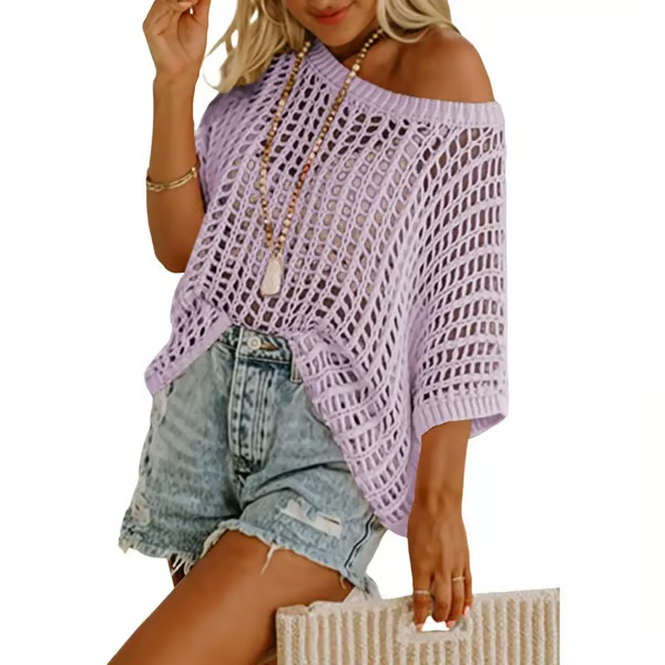 Short Sleeve Crochet Sweater Lightweight Summer Tops Loose Hollow Out Crewneck Pullover