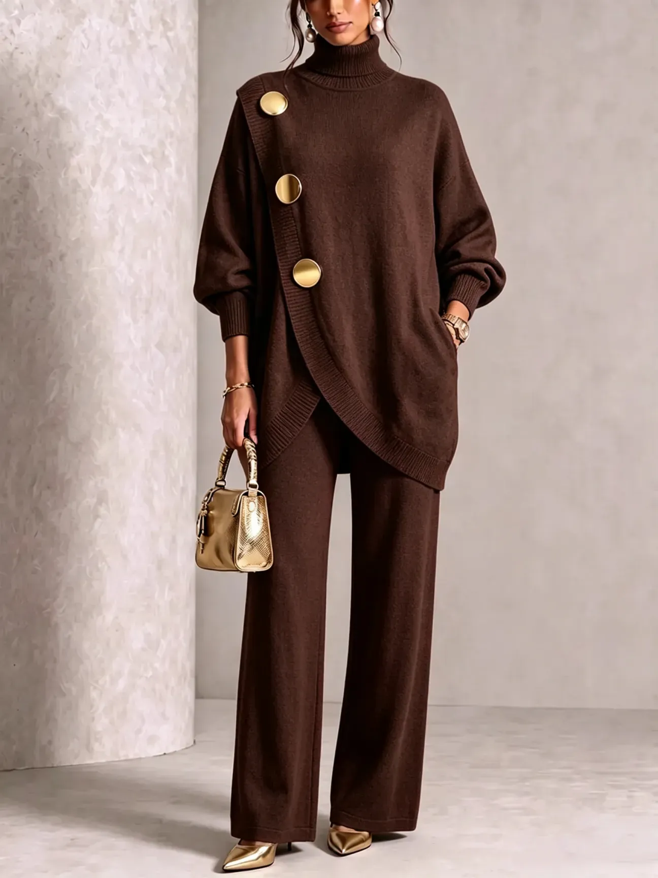 🤲LAST DAY SAVE 49% ⏰Elegant Burgundy Knit Asymmetrical Button Set