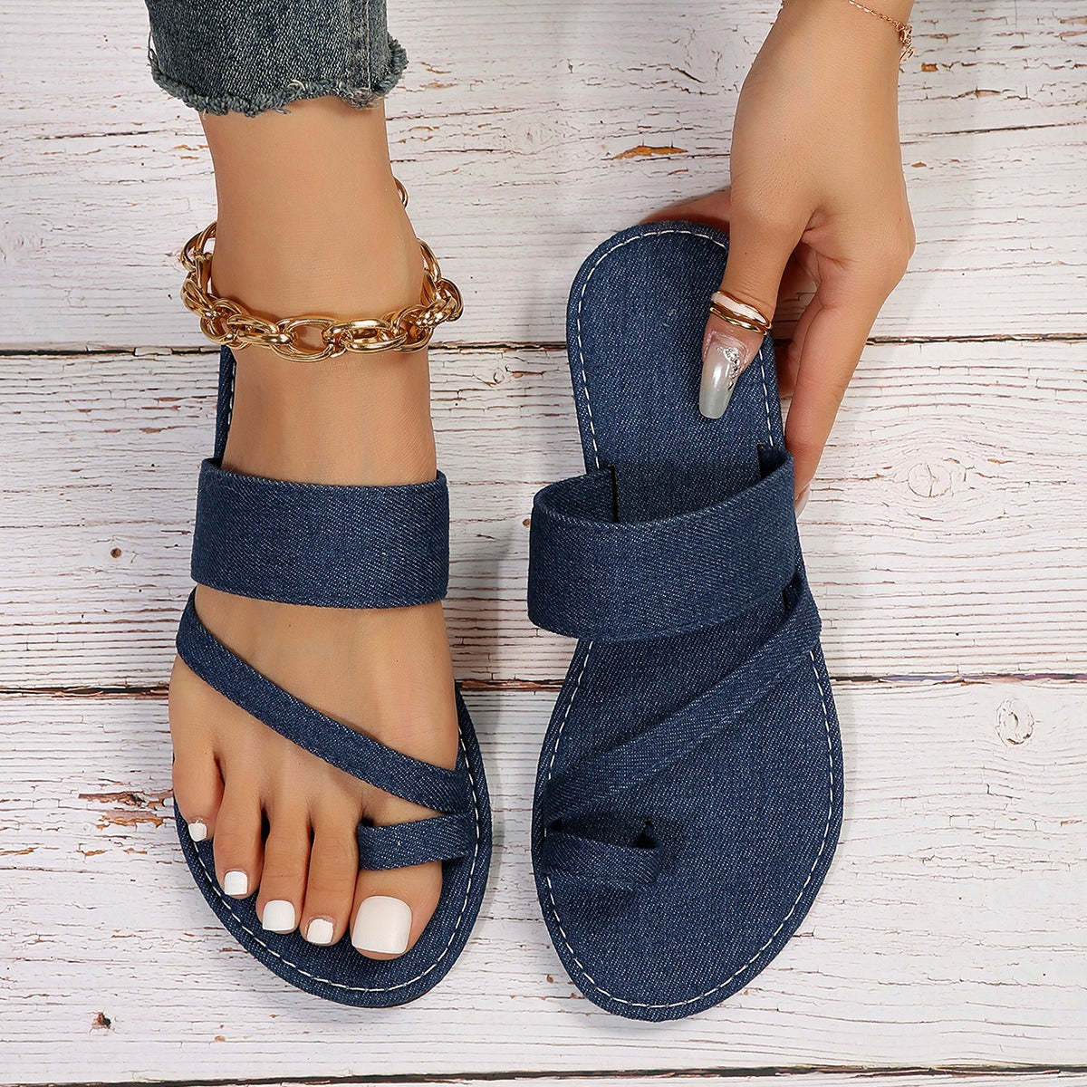 Denim Slide Sandals for Wide Feet