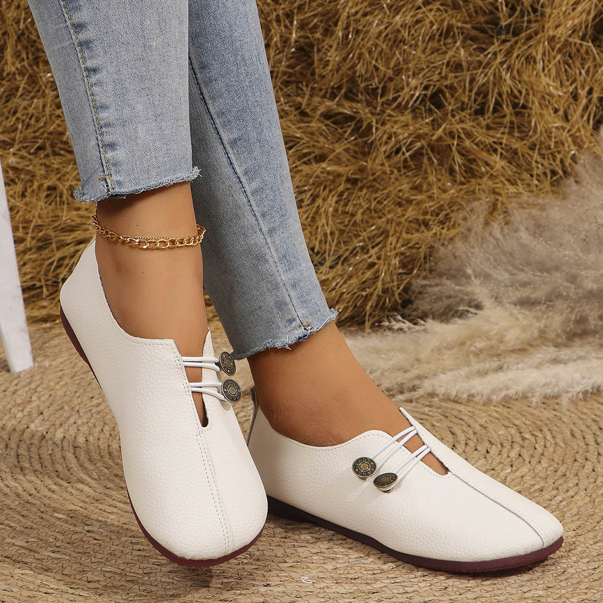 💝Summer Sale ⭐ Women's Elegant soft sole round toe buckle decoration Flat Shoes