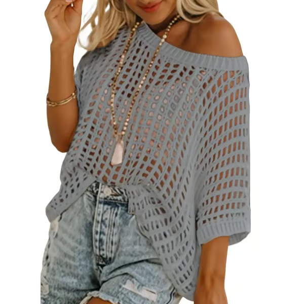 Short Sleeve Crochet Sweater Lightweight Summer Tops Loose Hollow Out Crewneck Pullover