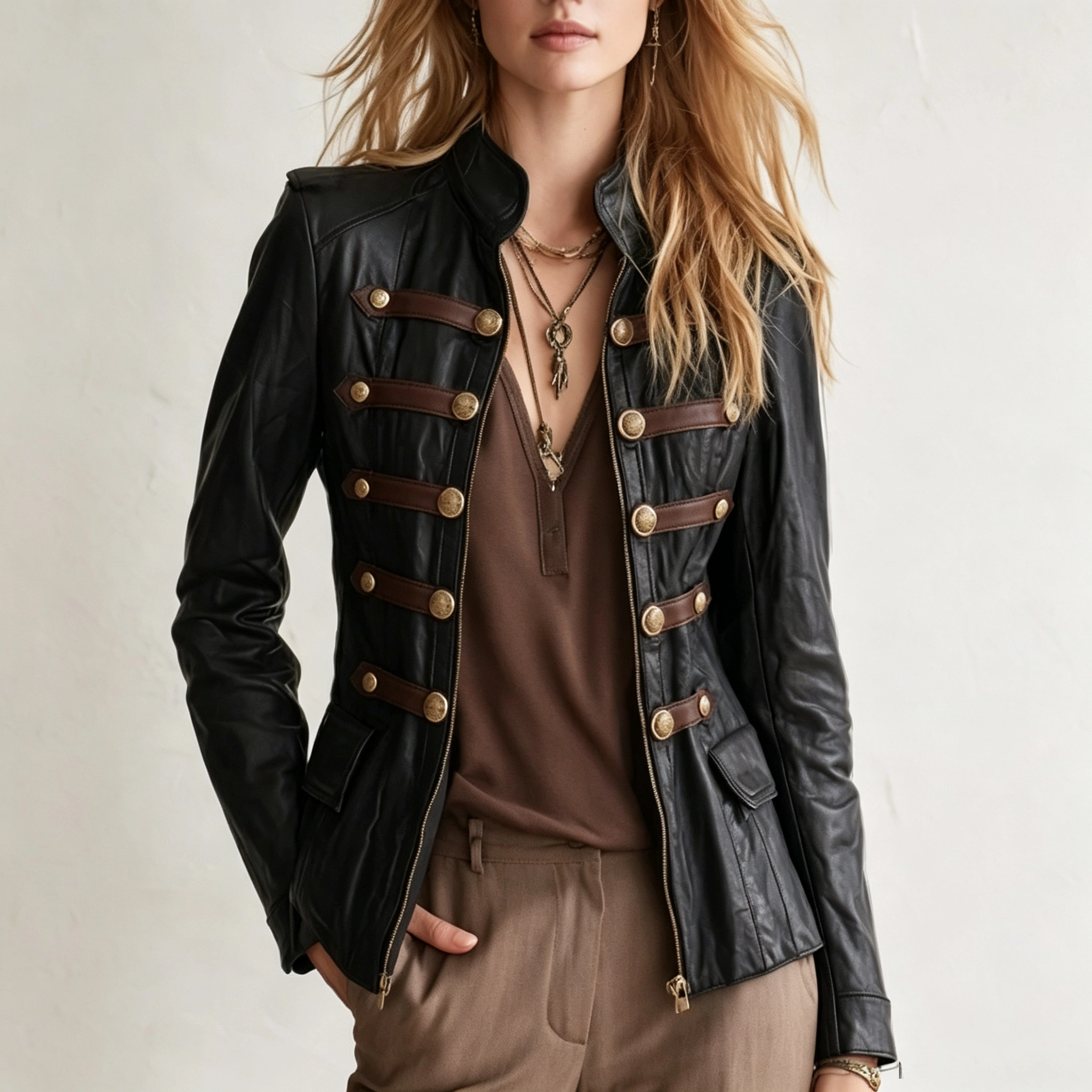 Military‑Inspired Faux Leather Stand‑Collar Jacket