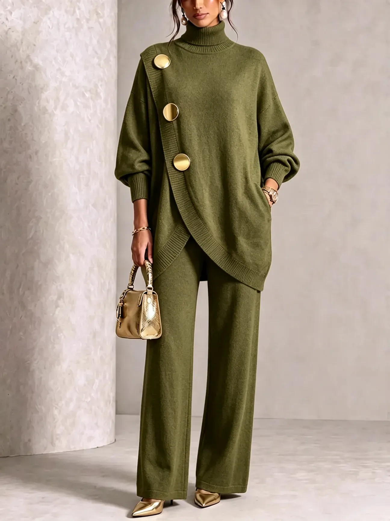🤲LAST DAY SAVE 49% ⏰Elegant Burgundy Knit Asymmetrical Button Set