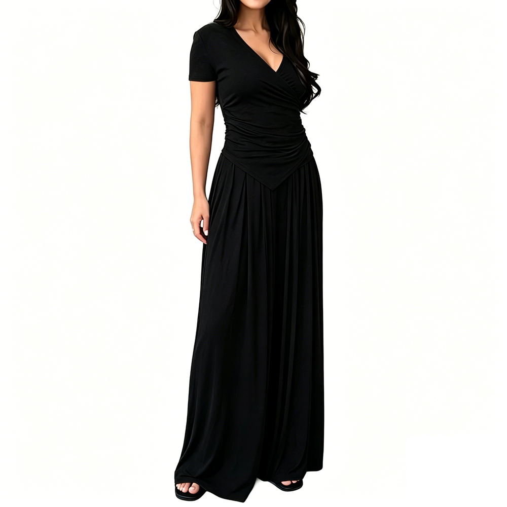 V Neck Wrap Top & High Waist Wide Leg Pants Set
