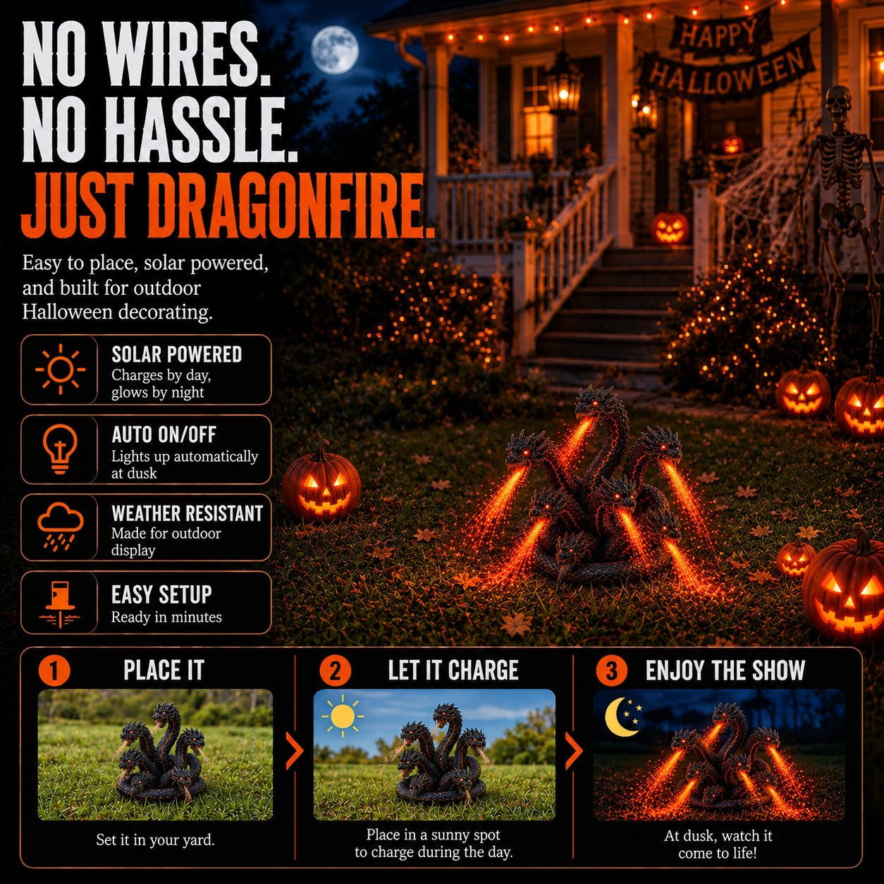 🔥🐉 Fire-breathing Orochi solar garden light – Epic Halloween decoration: multi-headed dragon