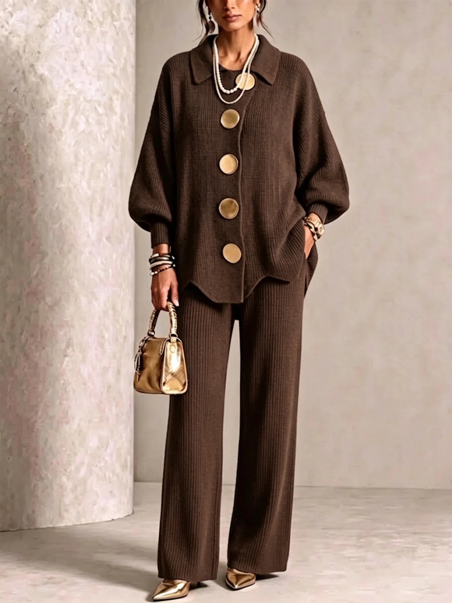 Elegant Knit Cardigan Wide‑Leg Pant Two‑Piece Outfit