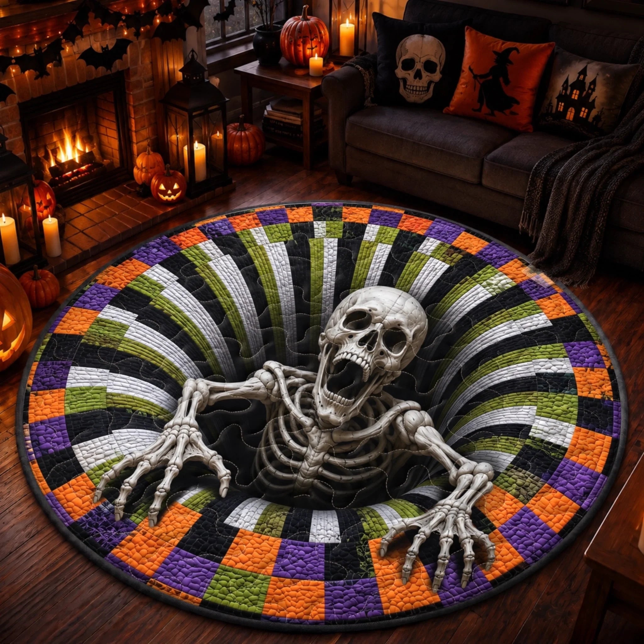 Custom 3D Skeleton Vortex Rug - Personalized Spooky Halloween Decor - Spooky Season