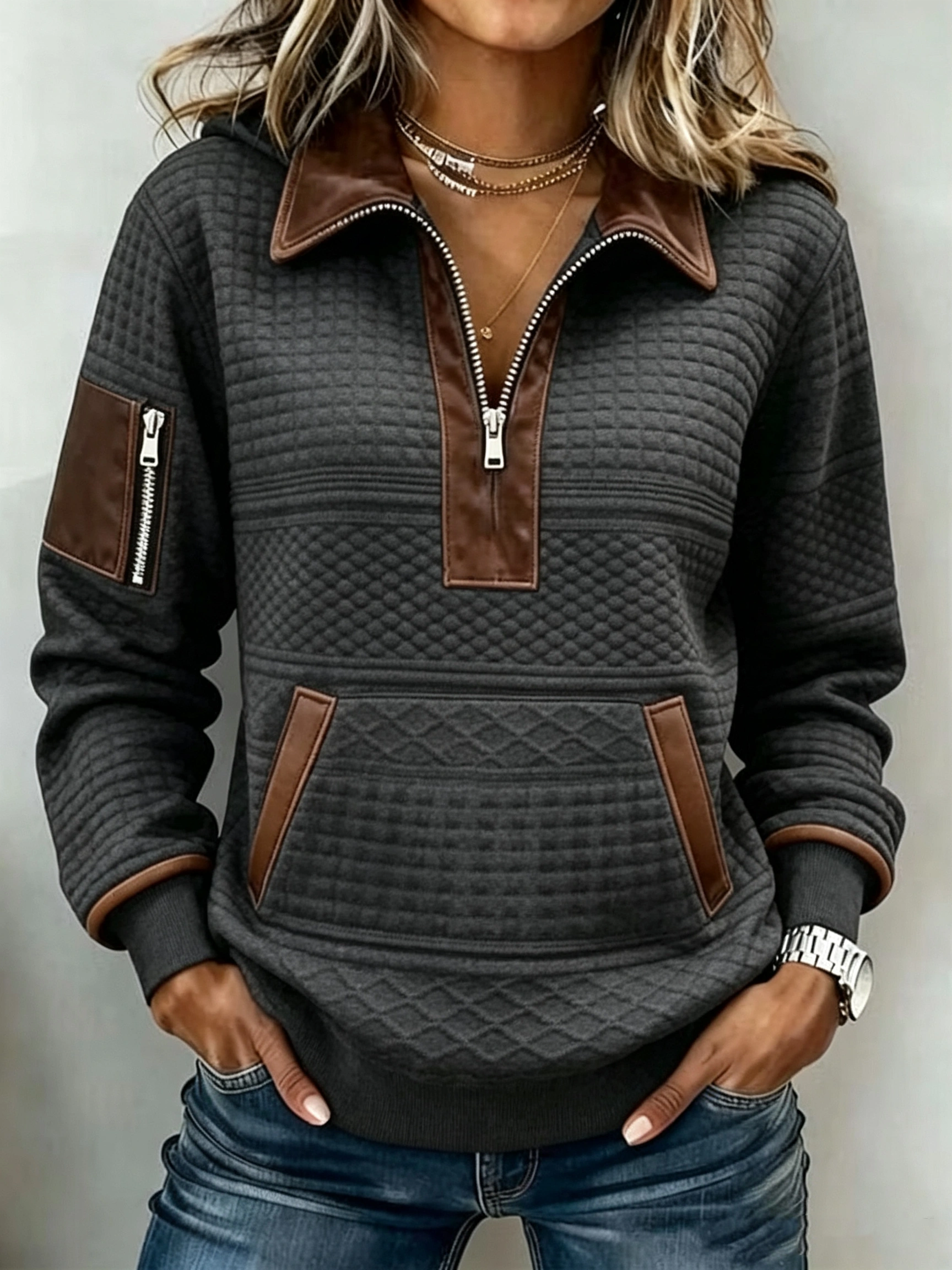 Quilted Texture Faux Leather Collar Arm Pocket Pullover
