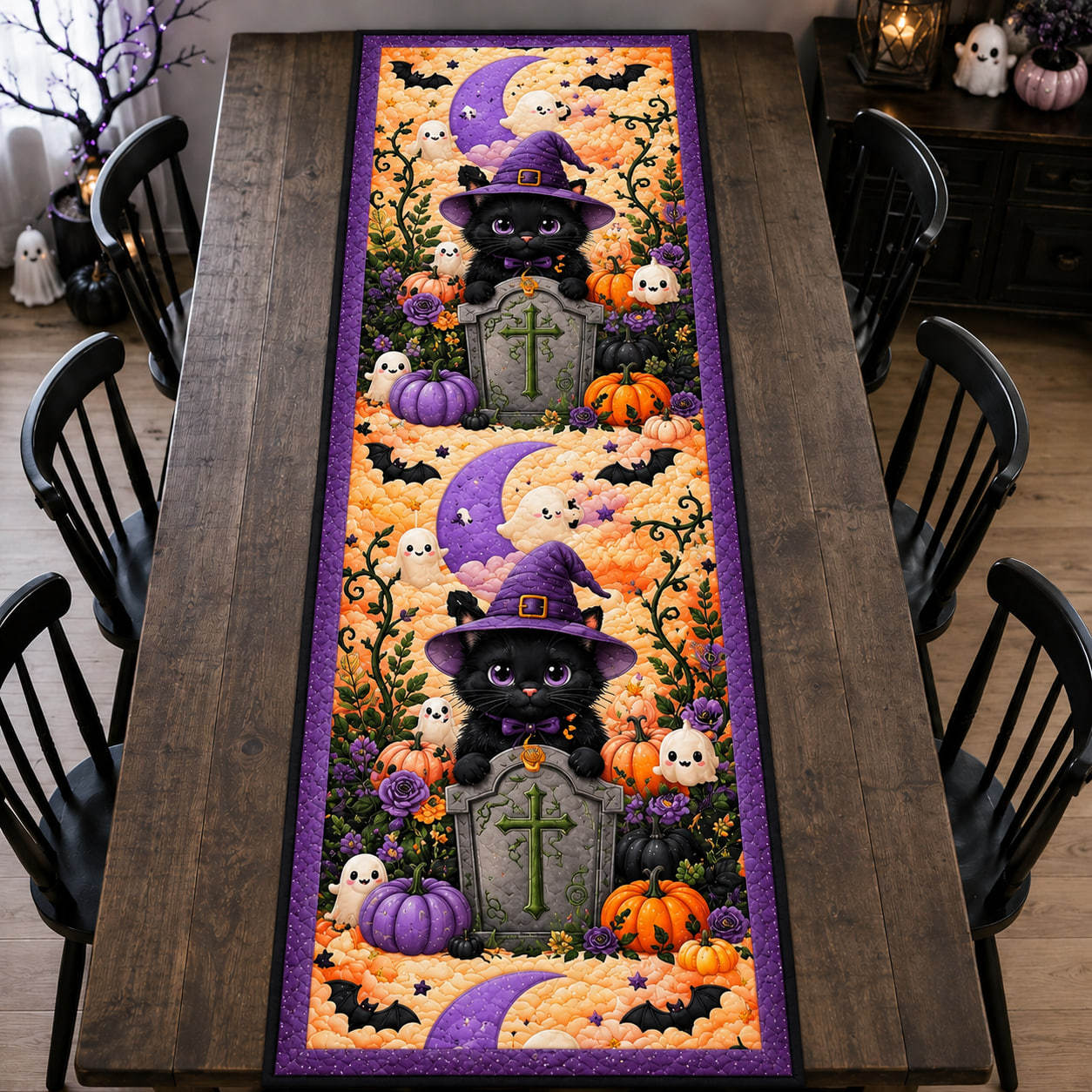 Halloween Black Cat Quilted Table Runner, Cute Ghost Pumpkin Dining Runner, Spooky Fall Farmhouse Table Decor