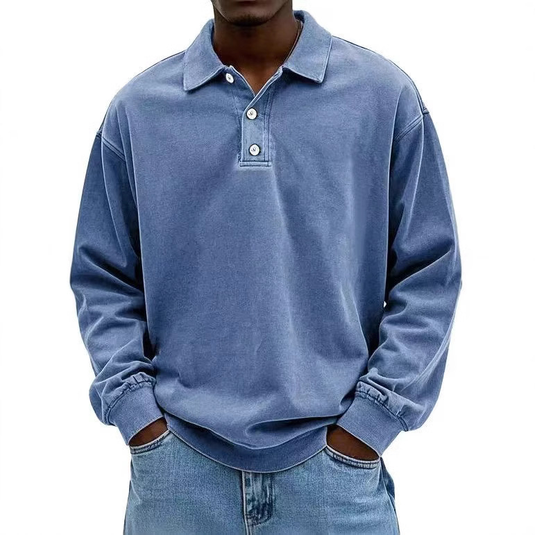 Clearance sale 70% off - Men's Fashion Retro Washed Distressed Cotton Lapel Long Sleeve Polo Shirt