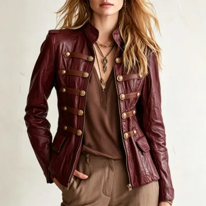 Military‑Inspired Faux Leather Stand‑Collar Jacket