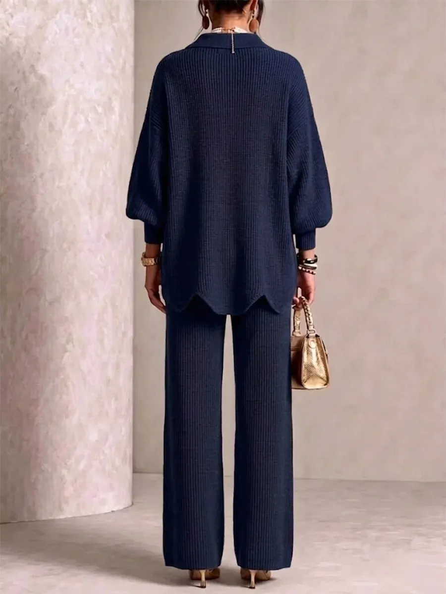 Elegant Knit Cardigan Wide‑Leg Pant Two‑Piece Outfit