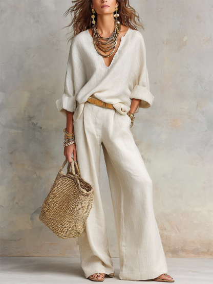 Cozy Minimalist V-neck Cotton-linen Two-piece Set