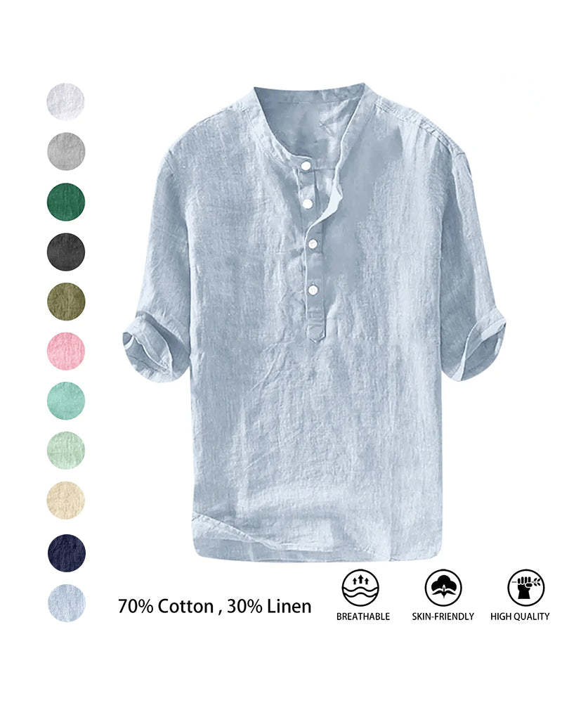 Summer Men's Stand Collar Half-placket Linen Shirt
