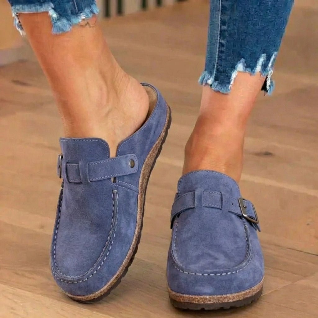 Orthopedic Suede Buckle Mules - Contrast Stitch Detail