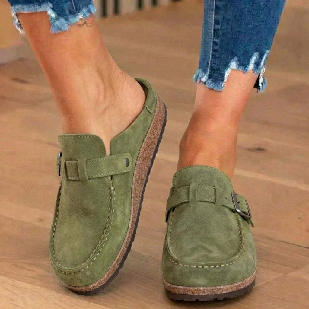 Orthopedic Suede Buckle Mules - Contrast Stitch Detail