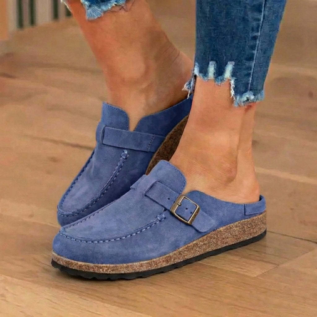 Orthopedic Suede Buckle Mules - Contrast Stitch Detail