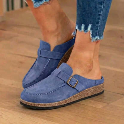Orthopedic Suede Buckle Mules - Contrast Stitch Detail