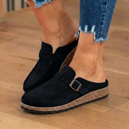 Orthopedic Suede Buckle Mules - Contrast Stitch Detail