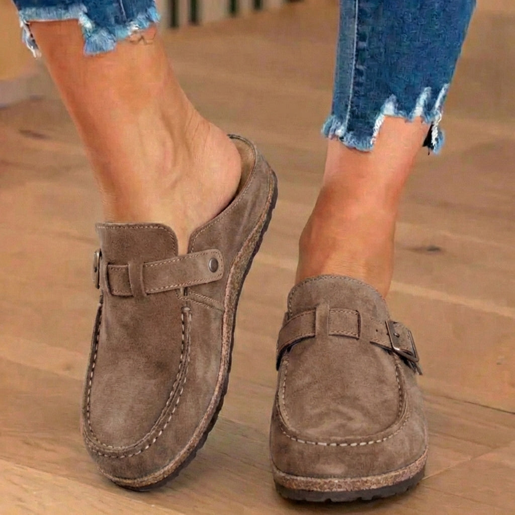 Orthopedic Suede Buckle Mules - Contrast Stitch Detail