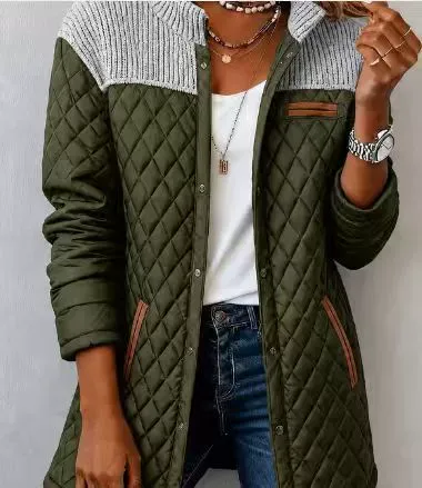 Vintage Elegant Knit Patchwork Pu Quilted Coat