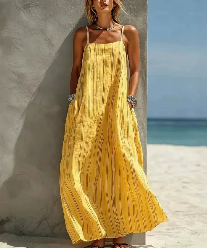 Mother's Day Sale Women's Casual White Vertical Striped Woven Sleeveless Loose Long Dress