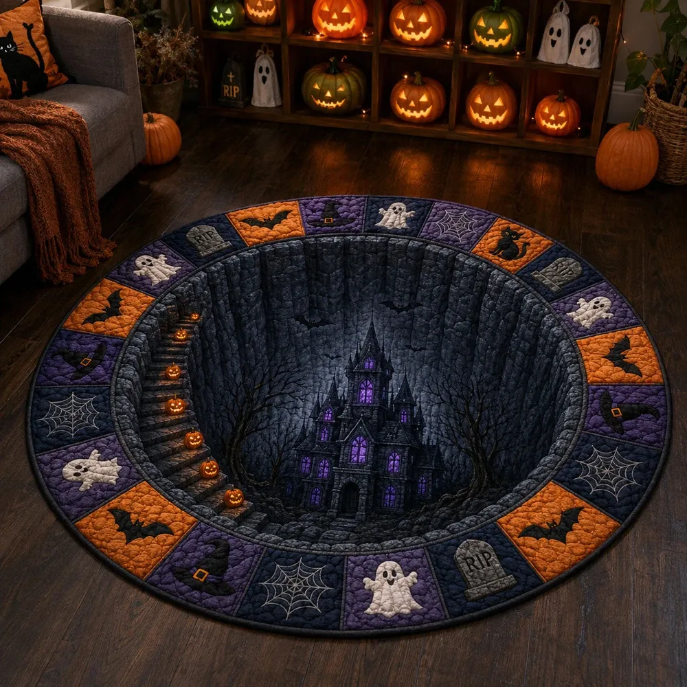 Abyss Castle Quilted Round Mat – Halloween Skeleton Skull Zombie Holiday Decor