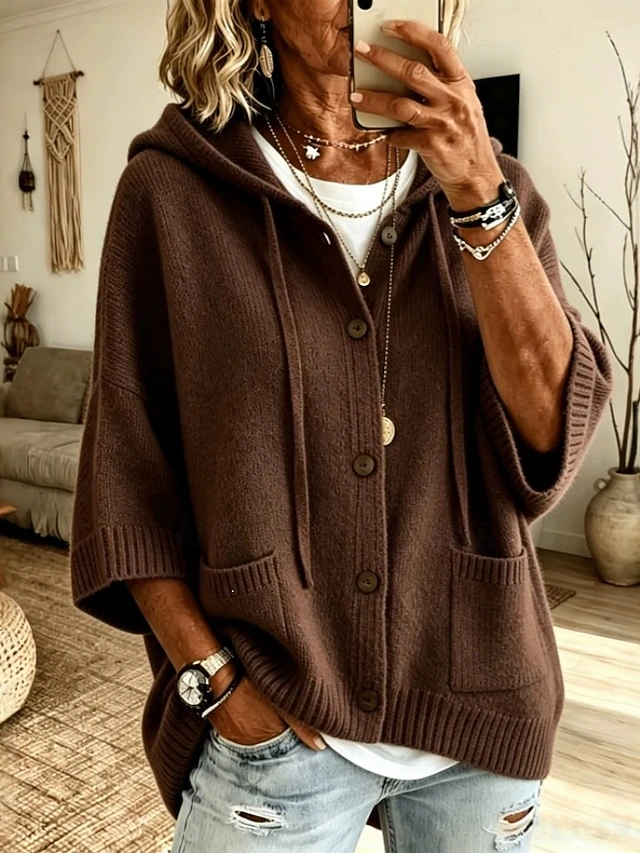 Women's Blue Button Up Cardigan Sweater Casual Long Sleeve Hooded Knit Pullover with Pockets