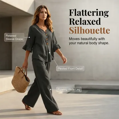 A women's set consisting of a ruffled sleeve top and wide-leg trousers.