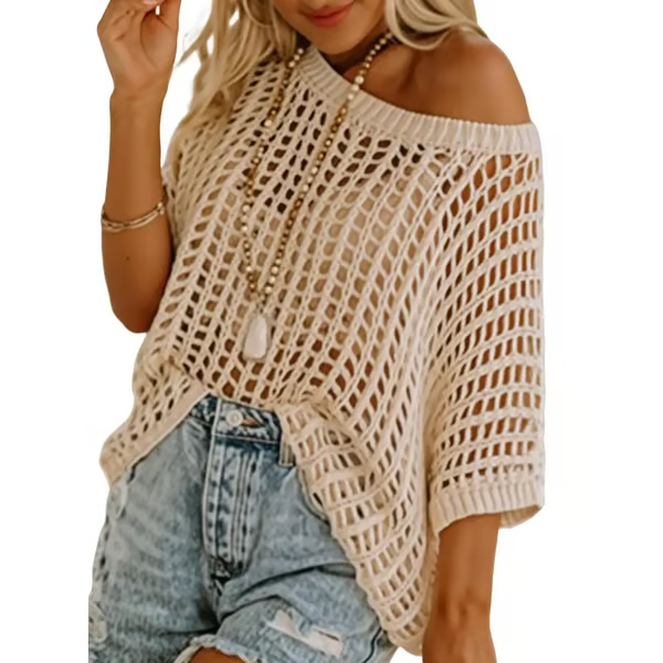 Short Sleeve Crochet Sweater Lightweight Summer Tops Loose Hollow Out Crewneck Pullover
