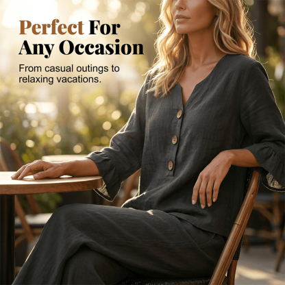 A women's set consisting of a ruffled sleeve top and wide-leg trousers.