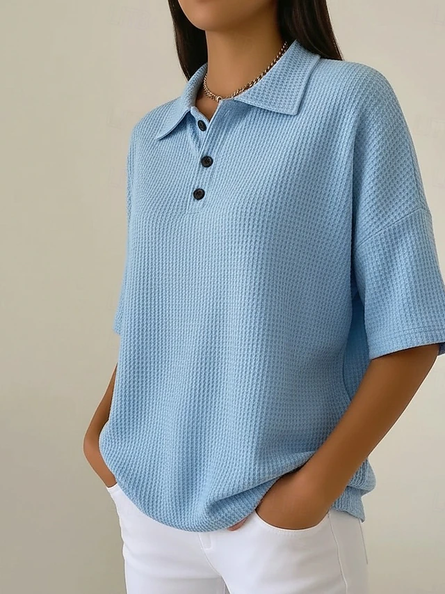 Women's Waffle Shirt Solid Color Elegant Active Vacation Half Sleeve V Neck Long Tops Daily Outdoor Streetwear