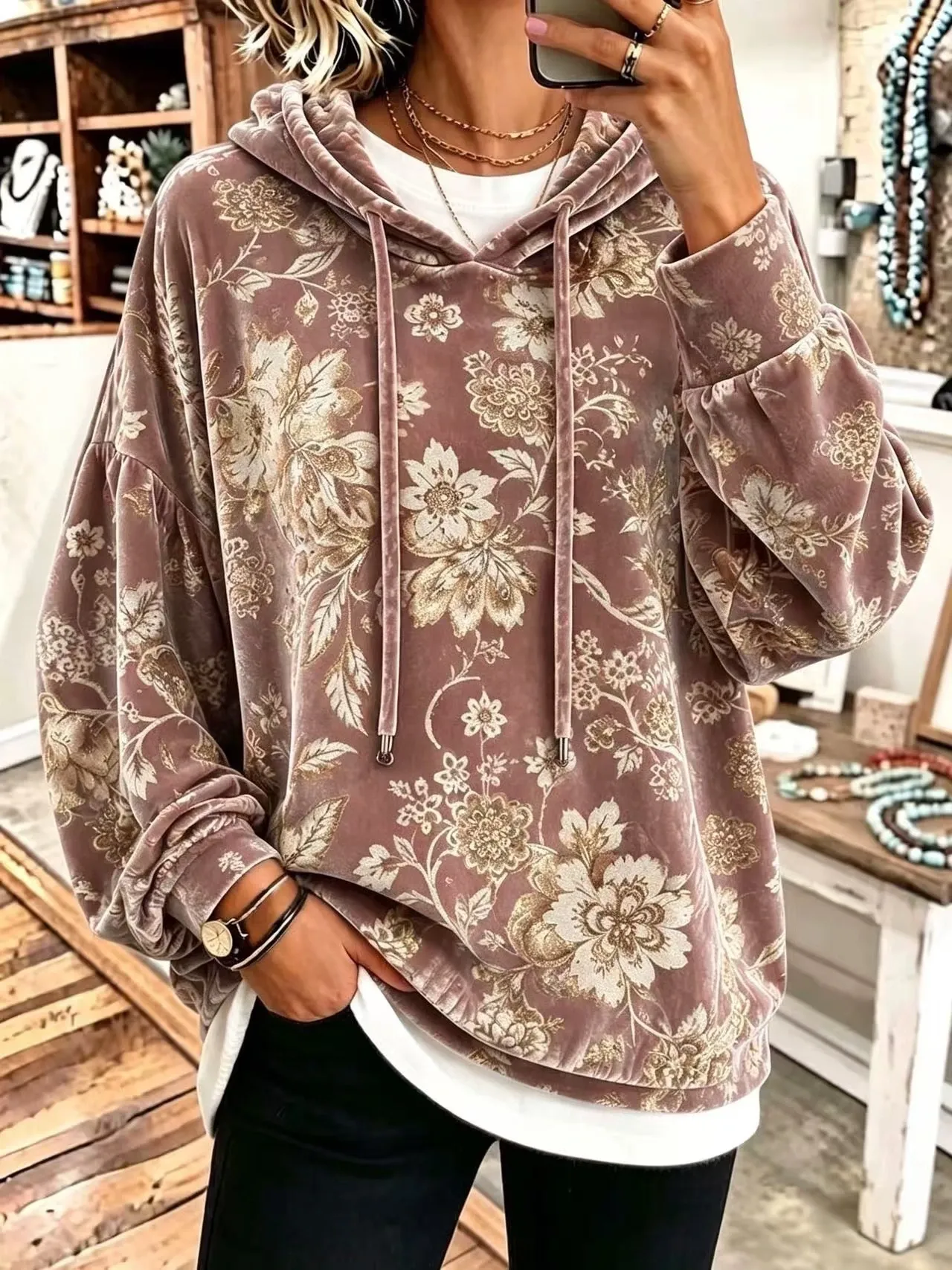 Vintage Floral Velour Drawstring Hoodie