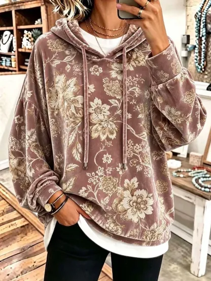 Vintage Floral Velour Drawstring Hoodie