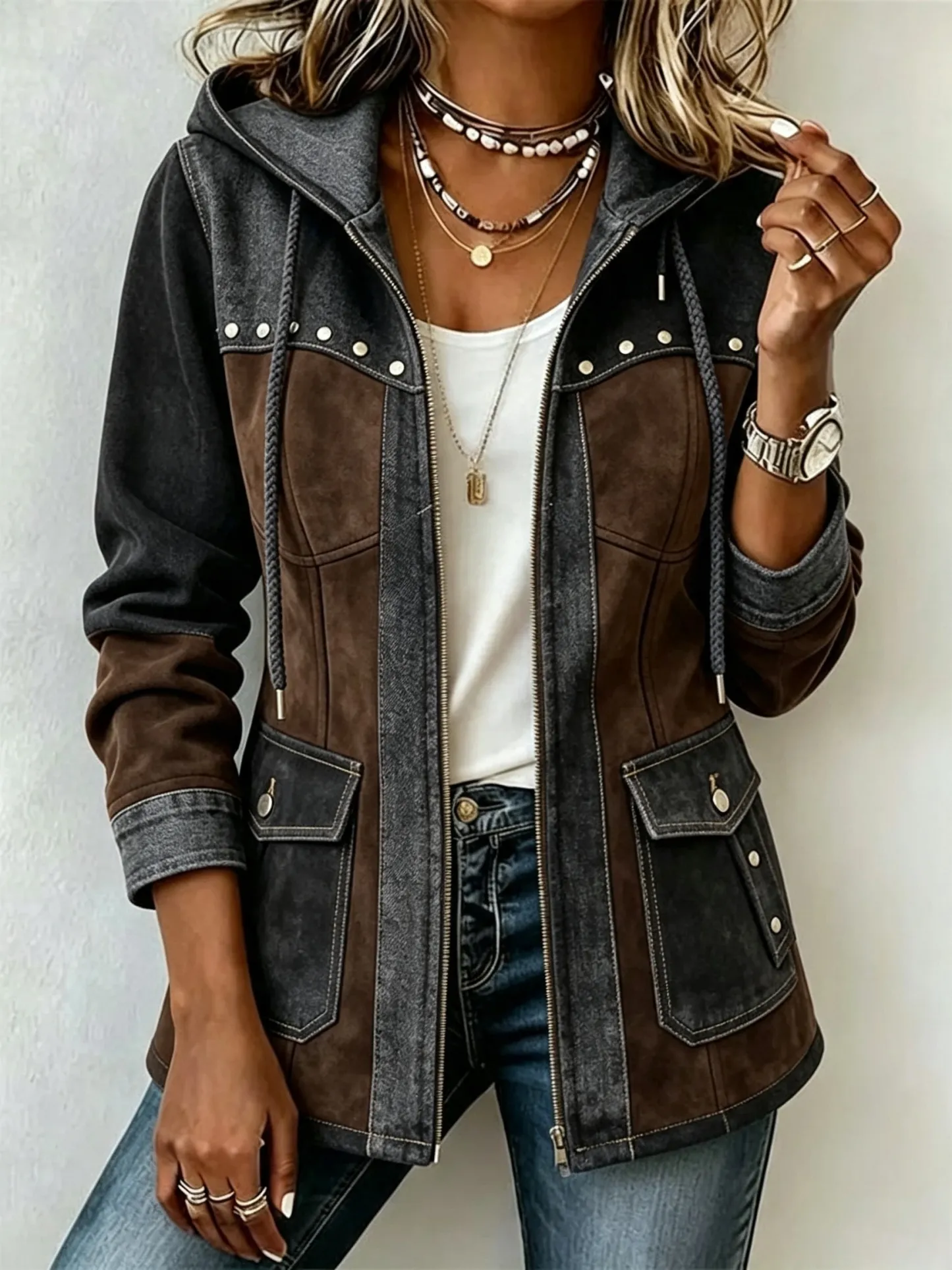 Chic Denim Patchwork Suede Hooded Jacket