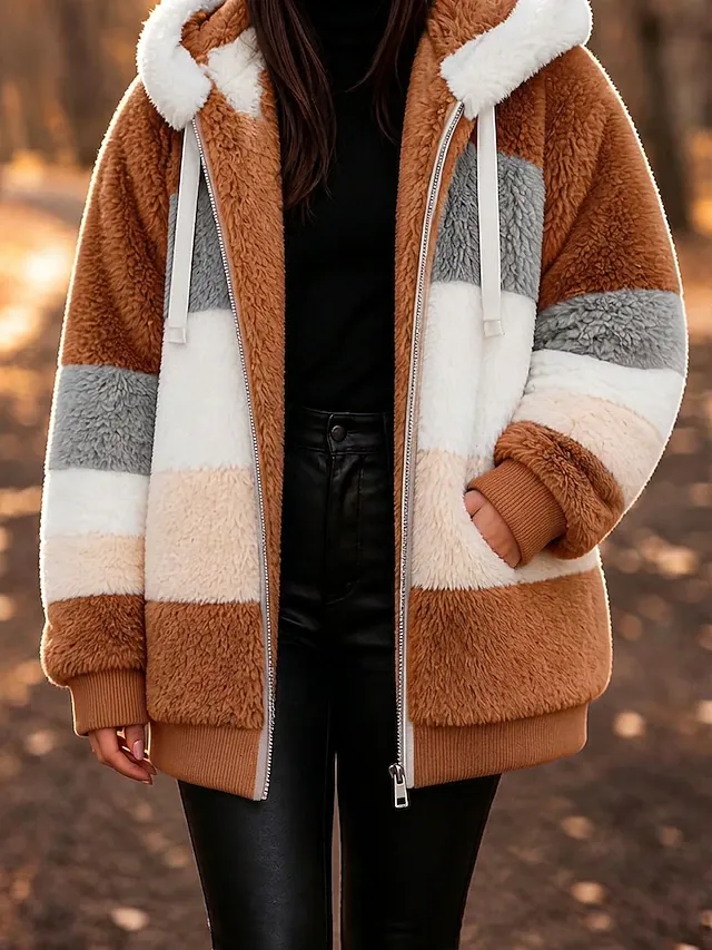 Women's Fleece Jacket Teddy Coat Hoodie Jacket Warm Breathable Zipper Pocket Fleece Lined Casual Stripe Vacation Street Daily Wear Going out Zipper