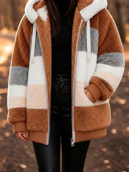 Women's Fleece Jacket Teddy Coat Hoodie Jacket Warm Breathable Zipper Pocket Fleece Lined Casual Stripe Vacation Street Daily Wear Going out Zipper