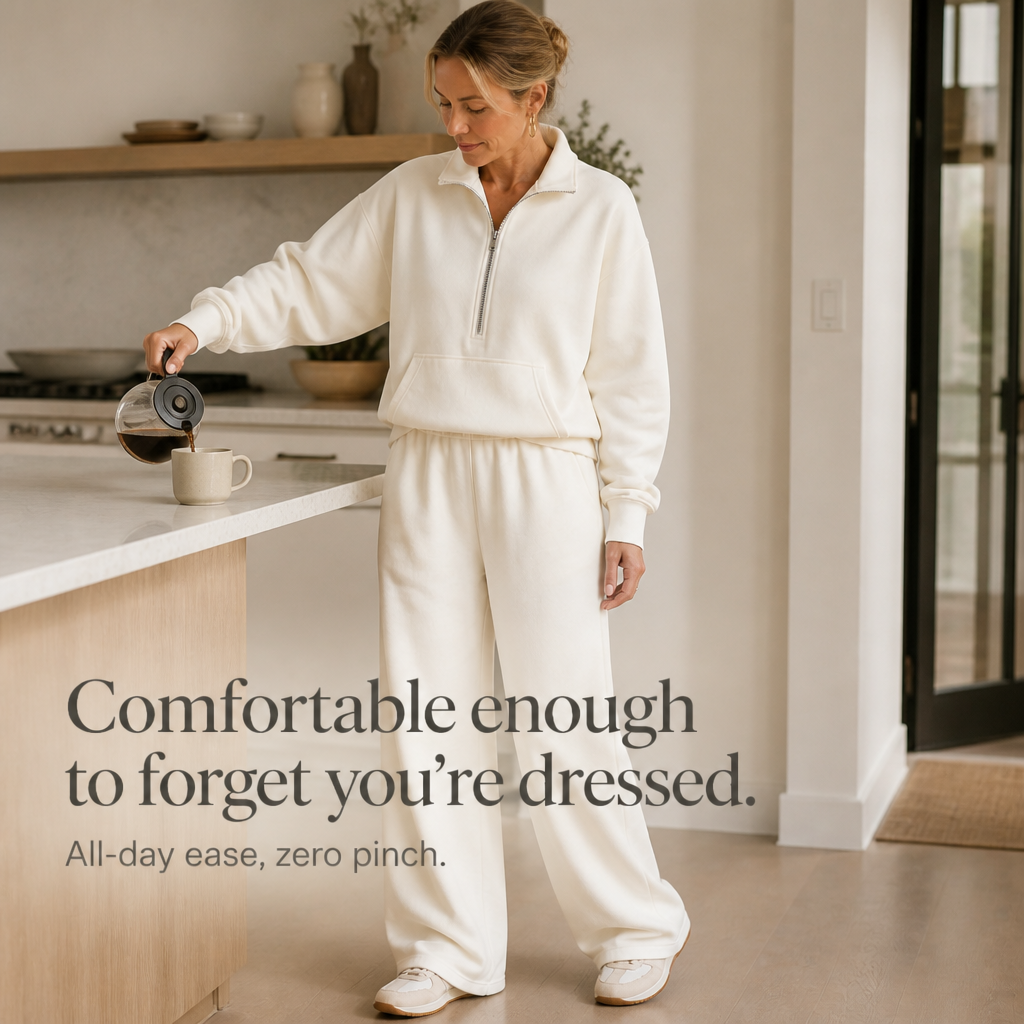 Warm and Flattering Half-Zip Collar Lounge Set with Wide-Leg Pants