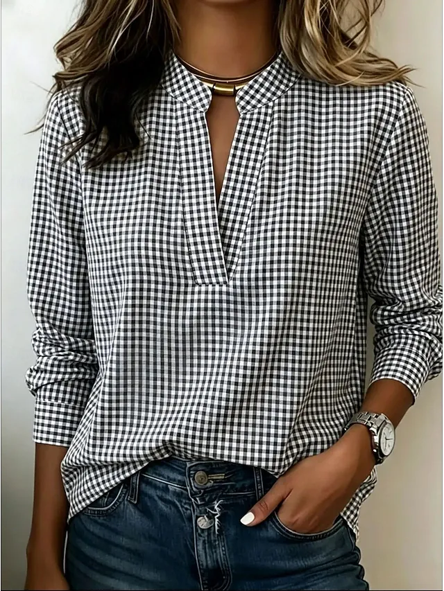 Women's Black White Mini Gingham Mandarin Collar Half Placket Long Sleeve Loose Casual Work Blouse