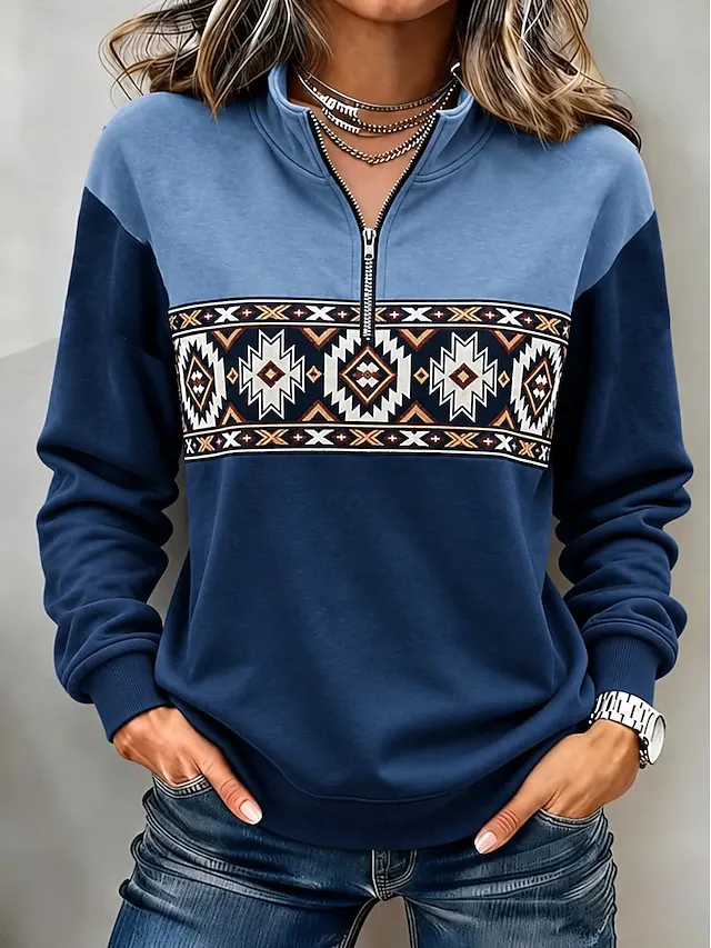 Women's Pullover Sweatshirt Zipper Floral Graphic Vintage Western Retro Long Sleeve High Neck Half Zip Regular Tops