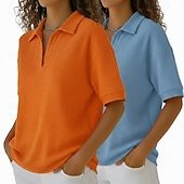 Multi Packs 2pcs Women's Waffle T-shirt Polo Shirts Tee Waffle Knit Tops Plain Fashion Basic Classic Short Sleeve Shirt Collar Regular Tops Casual Daily Beach Yellow+Orange
